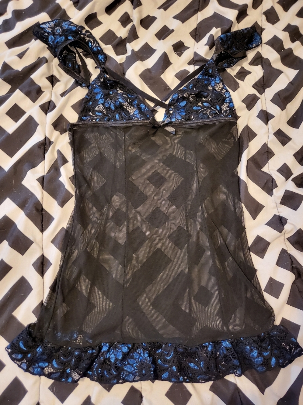Black Sheer Slip Dress with Blue Lace Bodice Fantasy Lingerie One Size